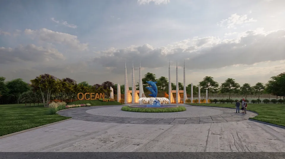 Render of the Ocean Bay Villas gateway with sculptural pylons and a dolphin fountain