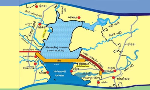 Schematic map of the Kalpasar dam across the Gulf of Khambhat between the Bhavnagar and Bharuch coasts, with the freshwater reservoir behind it