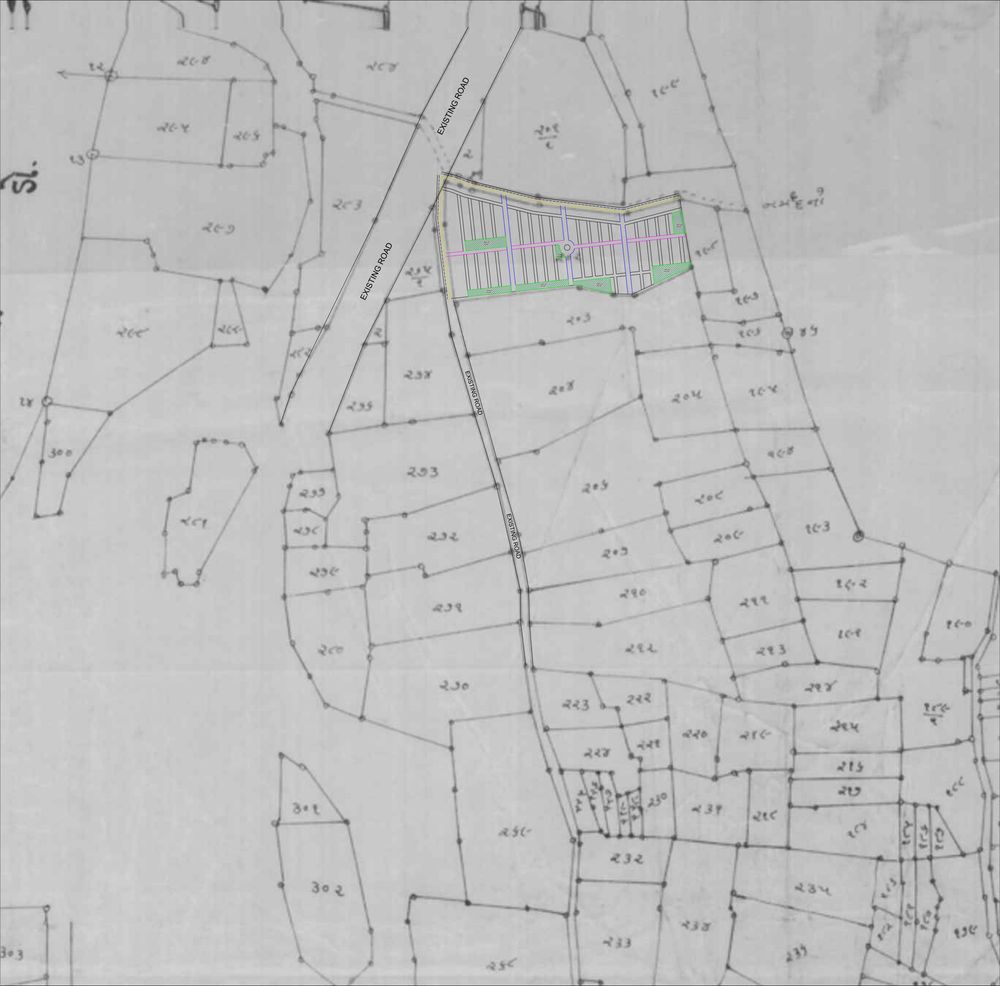 Layout of the Ocean Villa residence parcel on survey number 202: seven blocks of villa plots along two internal roads with green pockets
