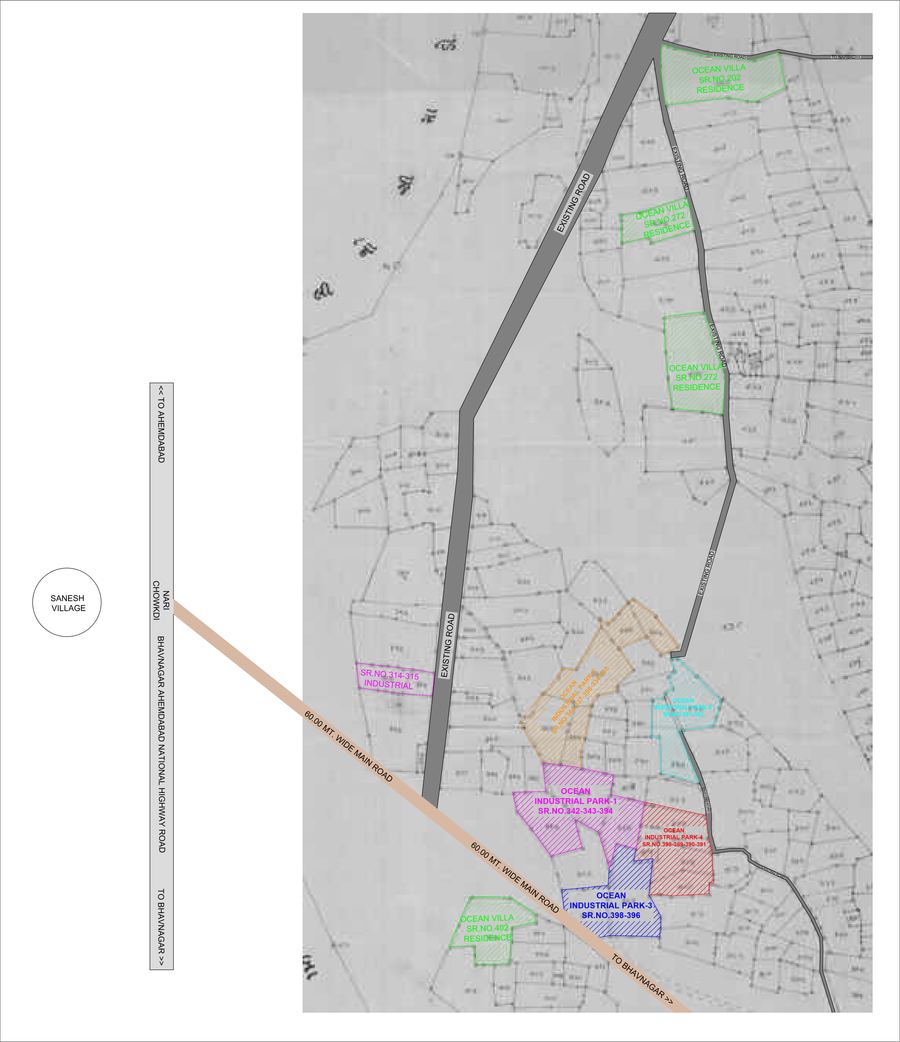 Key plan of Ocean Industrial Park with Parks 1 to 5 and Ocean Villa parcels marked on the survey base